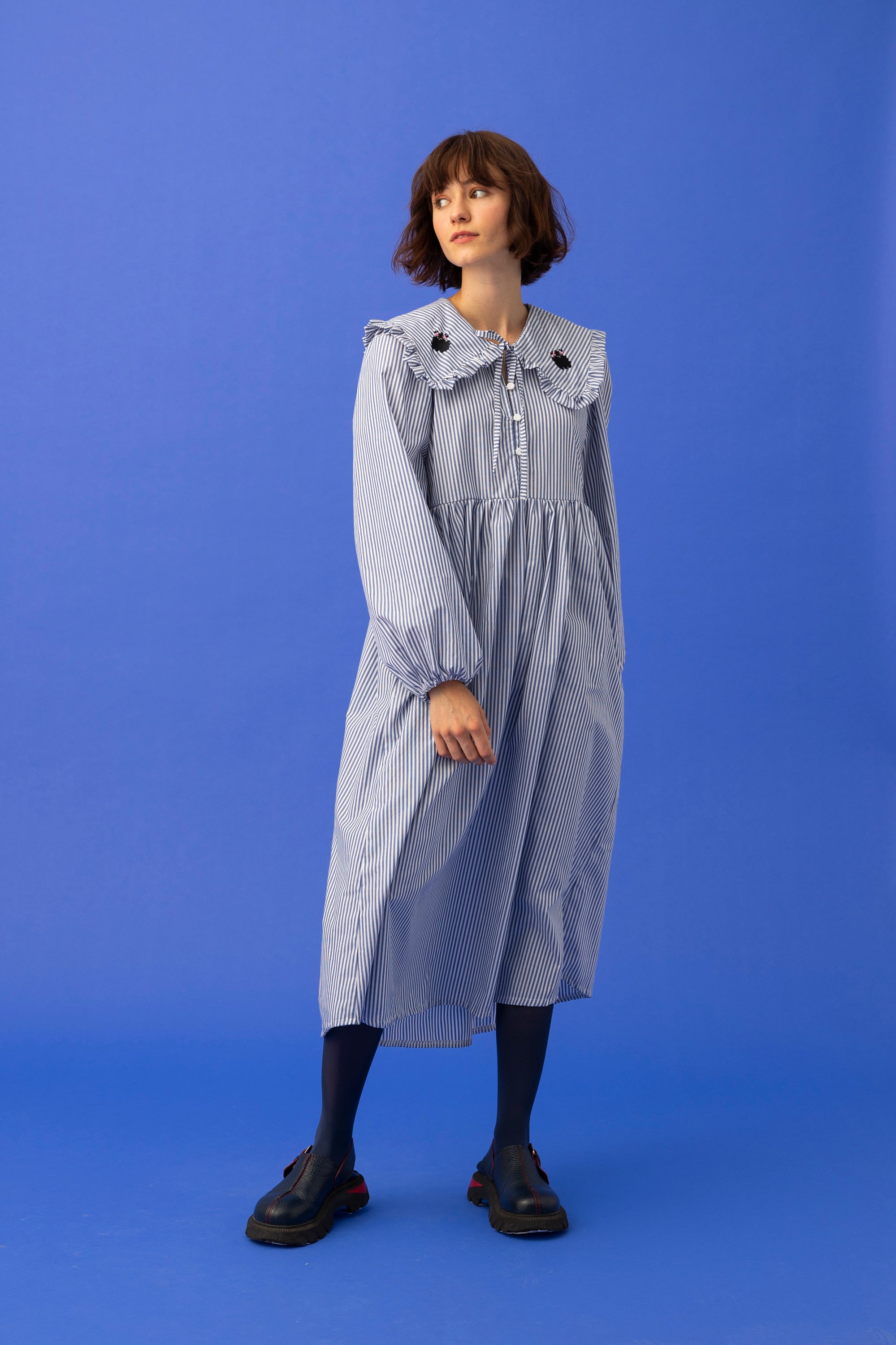 WYLIE COLLAR DRESS- FLUFFY DOG WITH STRIPES