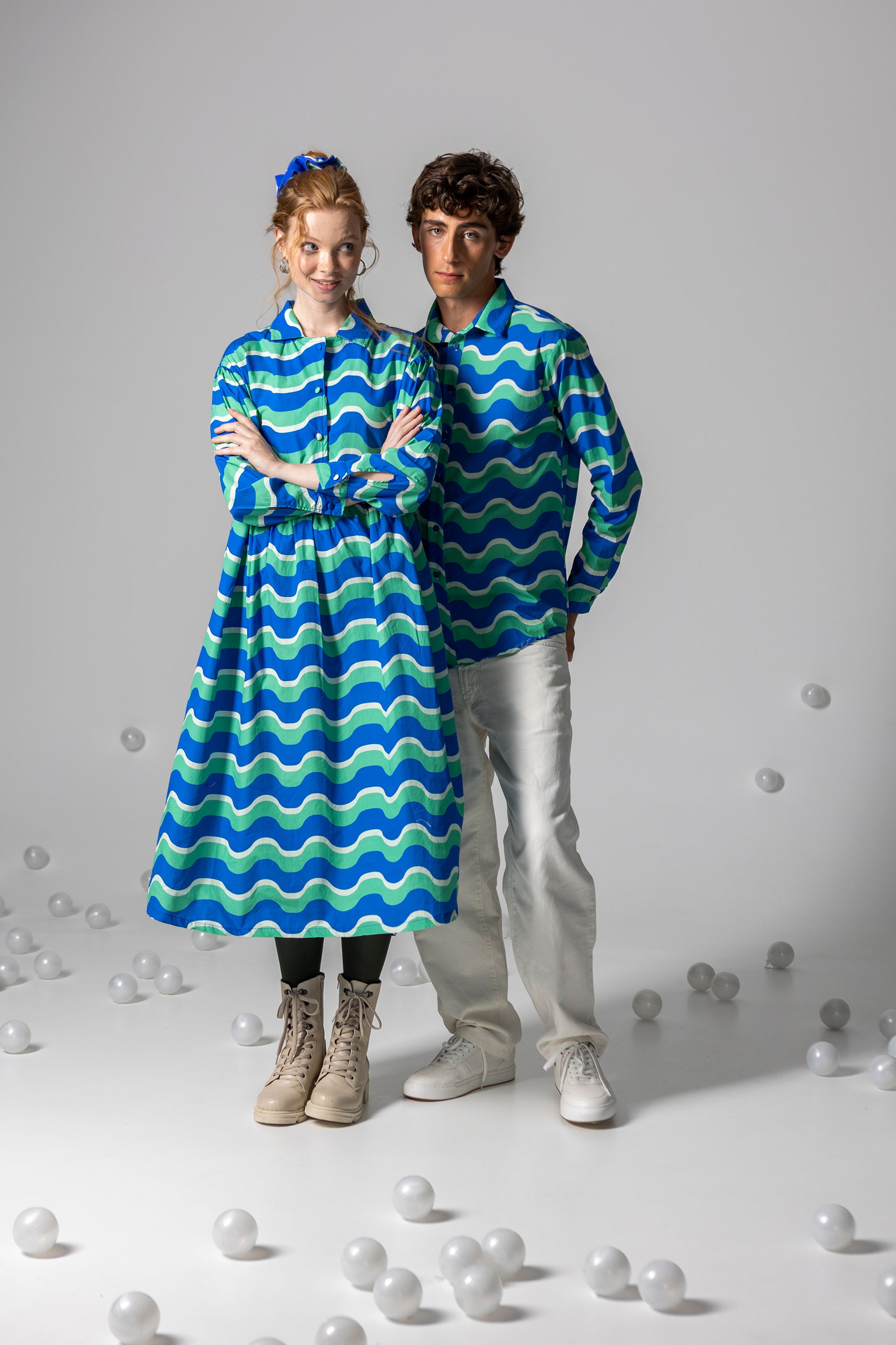 DRESS LOLA LONG SLEEVE- HAPPY WAVES BLUE AND GREEN