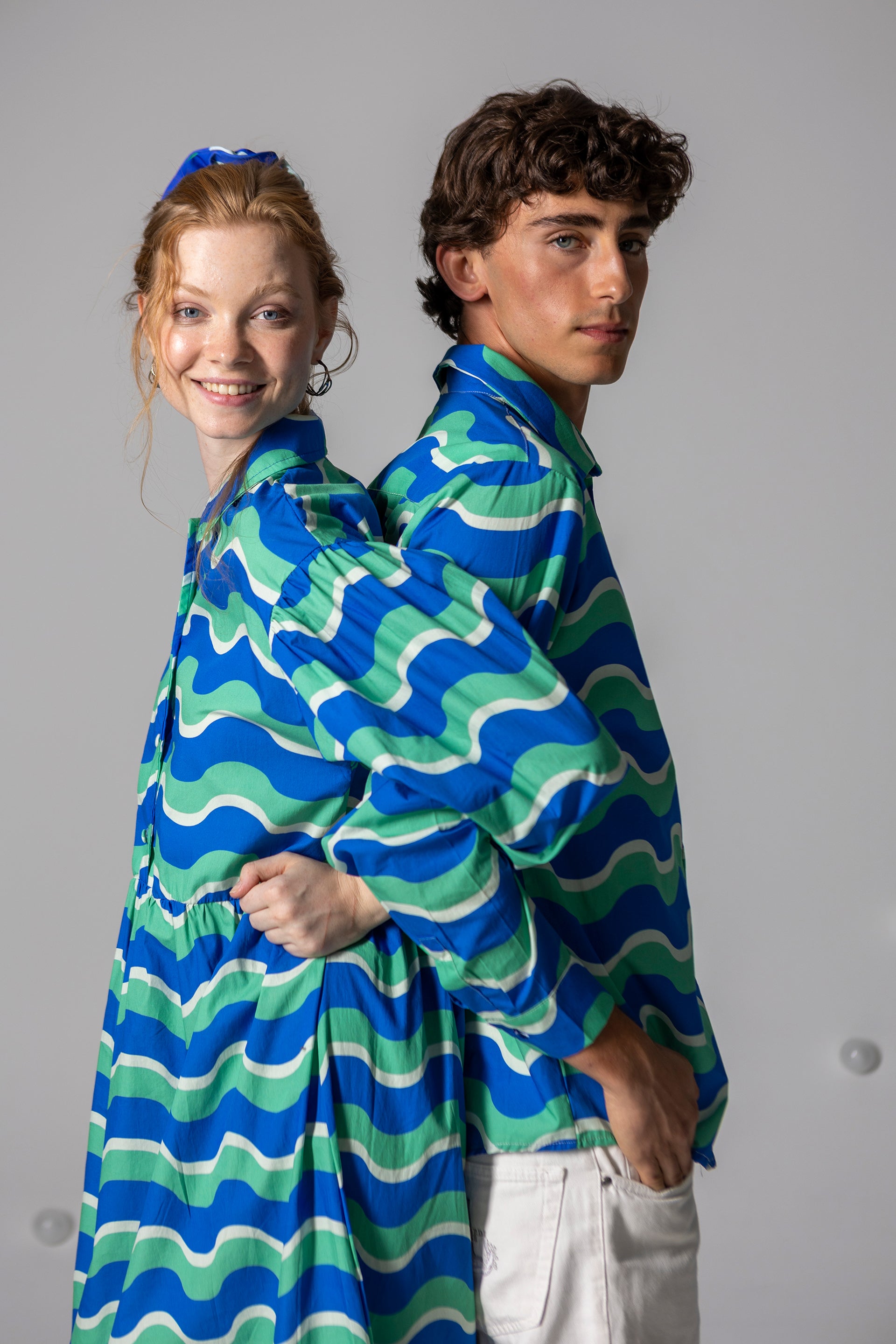 DRESS LOLA LONG SLEEVE- HAPPY WAVES BLUE AND GREEN