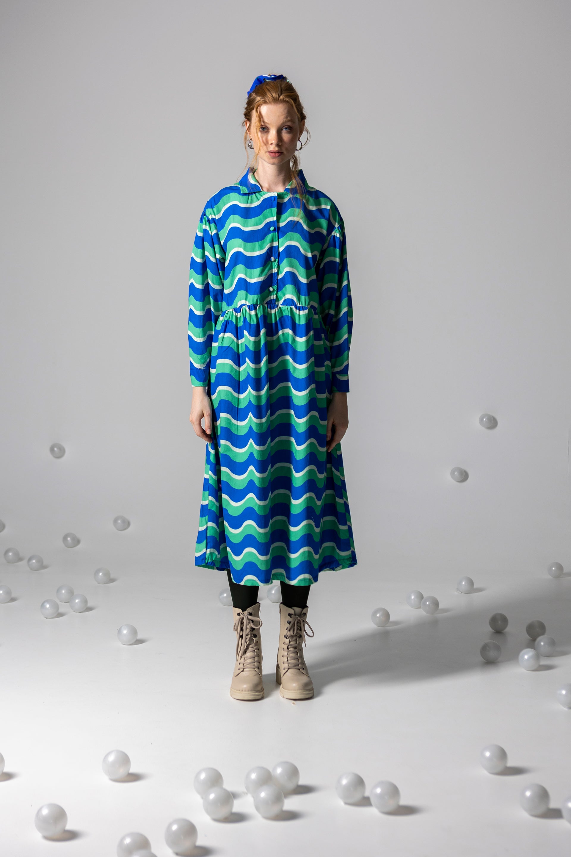DRESS LOLA LONG SLEEVE- HAPPY WAVES BLUE AND GREEN