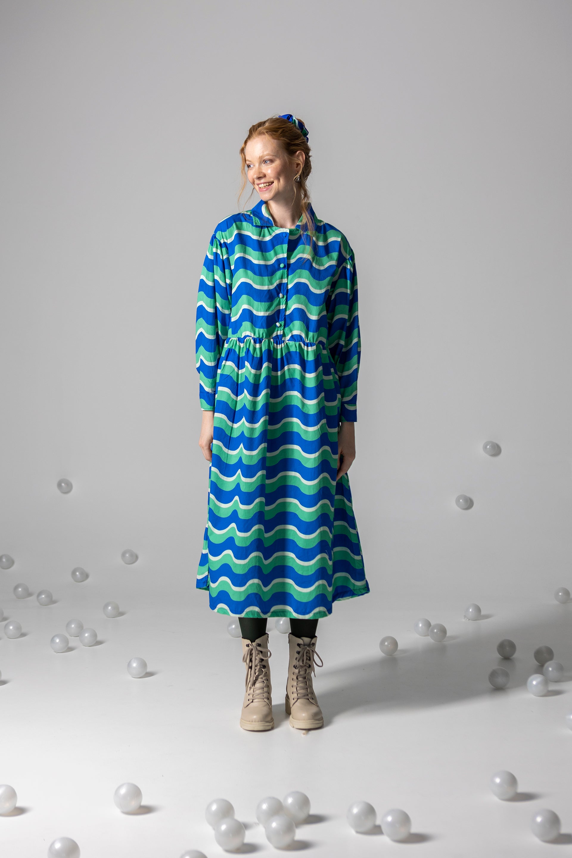 DRESS LOLA LONG SLEEVE- HAPPY WAVES BLUE AND GREEN