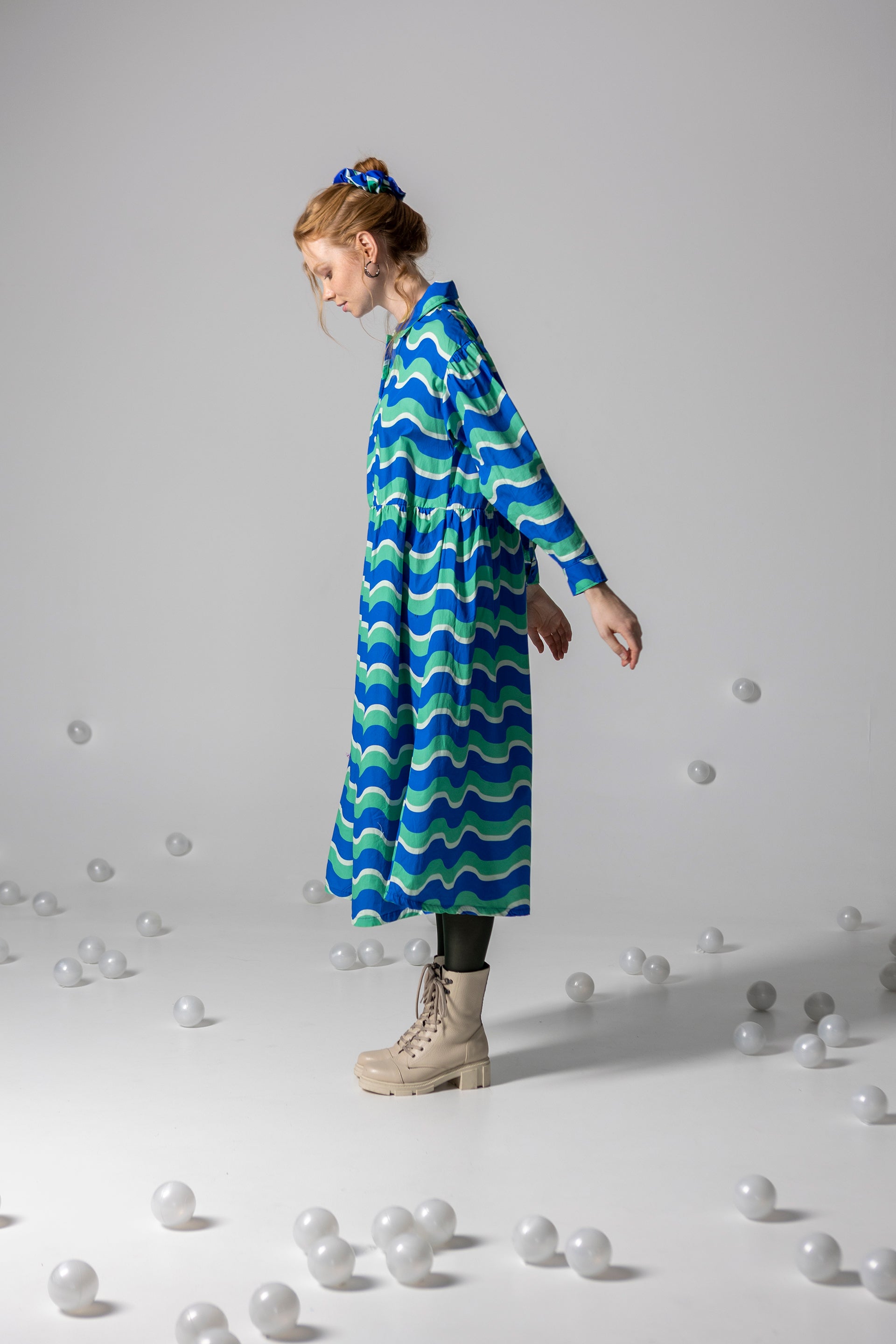 DRESS LOLA LONG SLEEVE- HAPPY WAVES BLUE AND GREEN