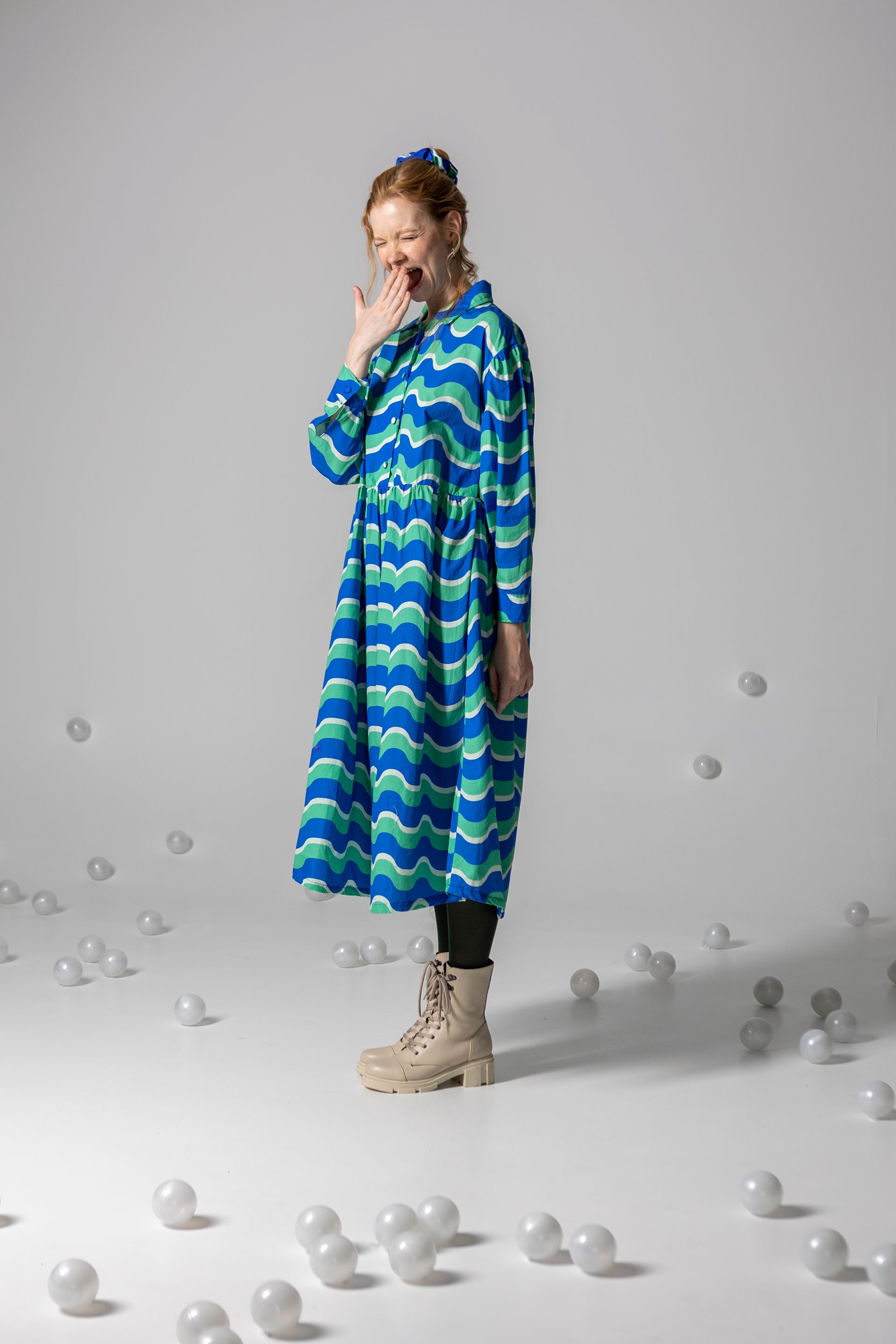 DRESS LOLA LONG SLEEVE- HAPPY WAVES BLUE AND GREEN