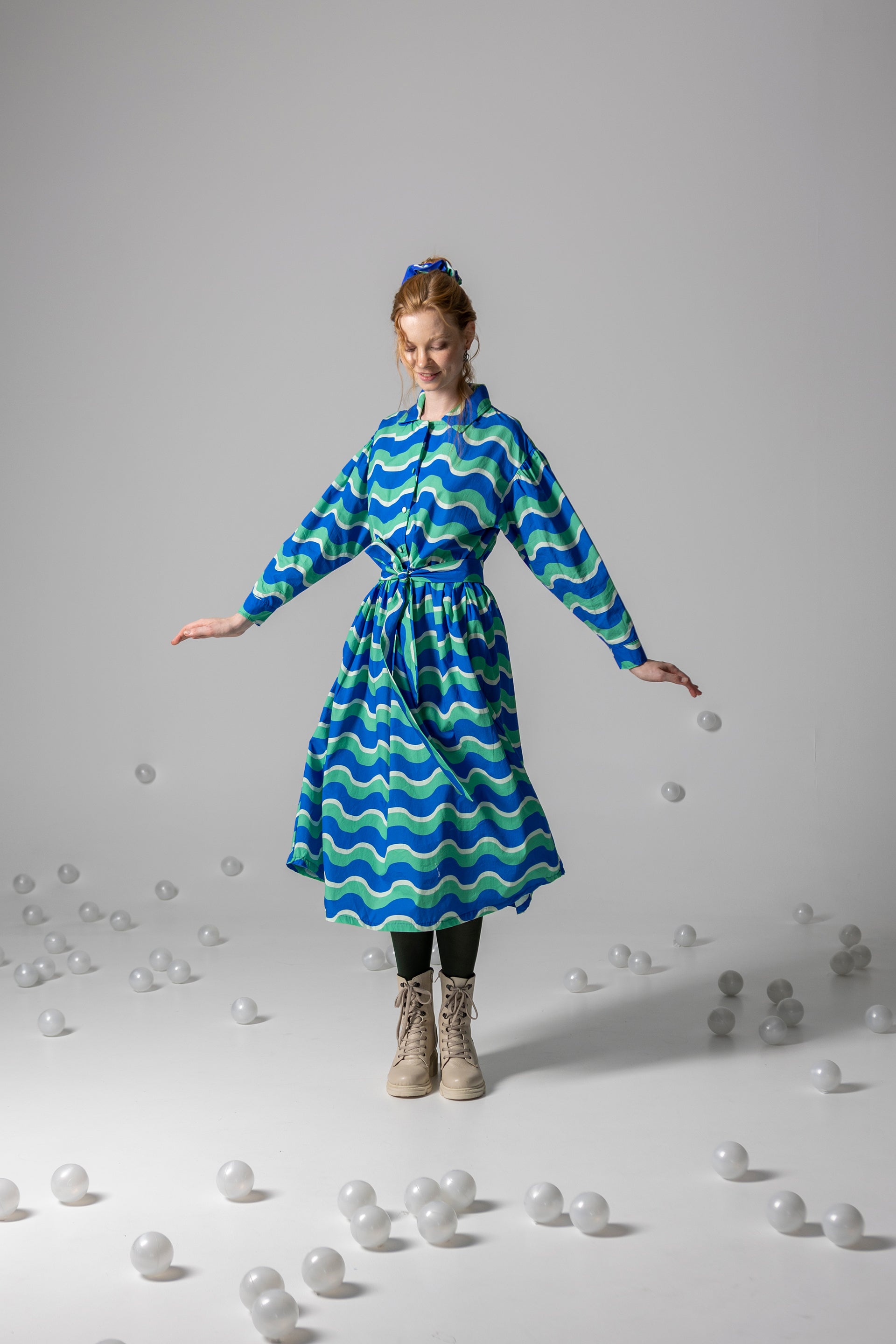 DRESS LOLA LONG SLEEVE- HAPPY WAVES BLUE AND GREEN