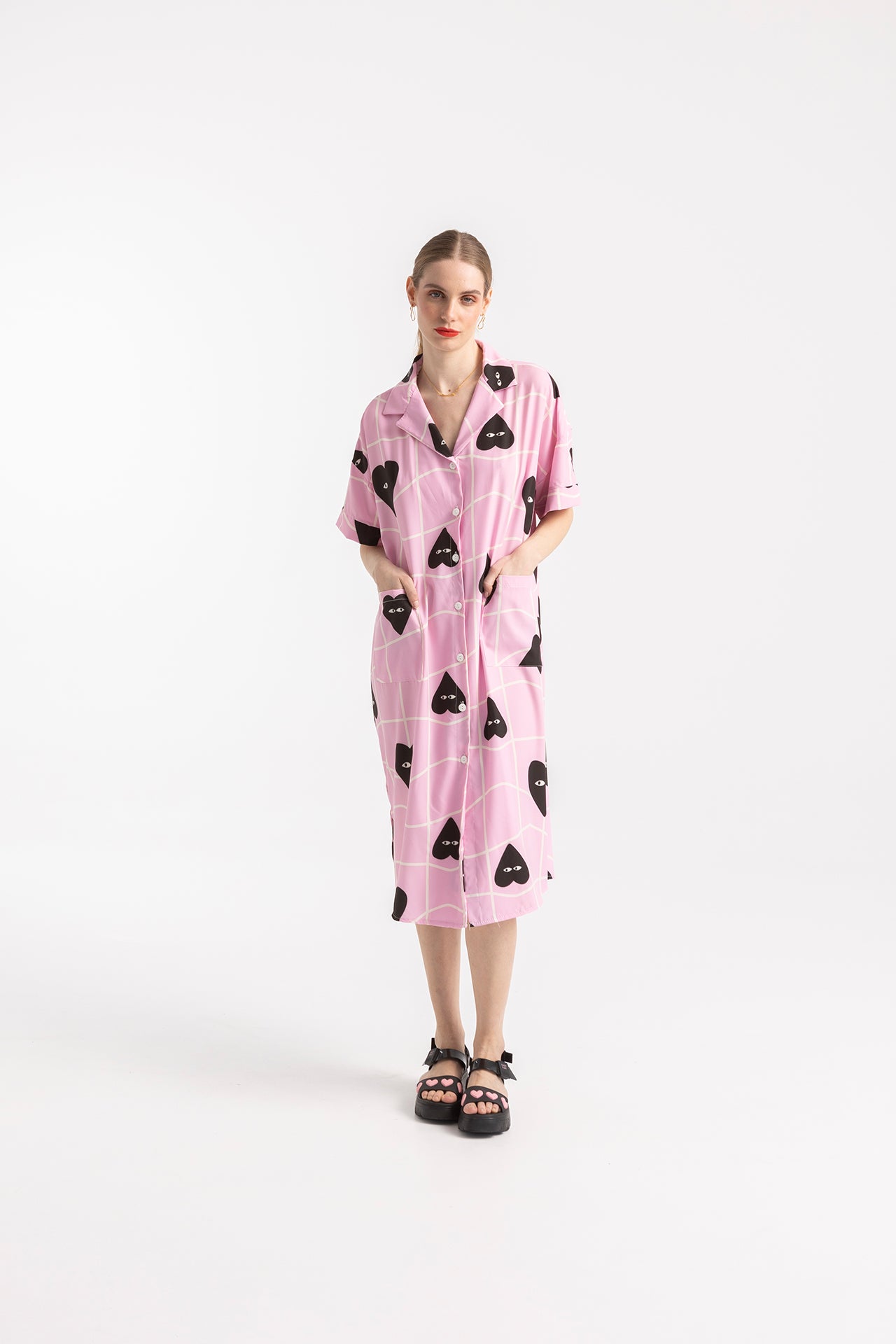 DRESS PRIVATE WITH REVERE COLLAR- GRID HEARTS