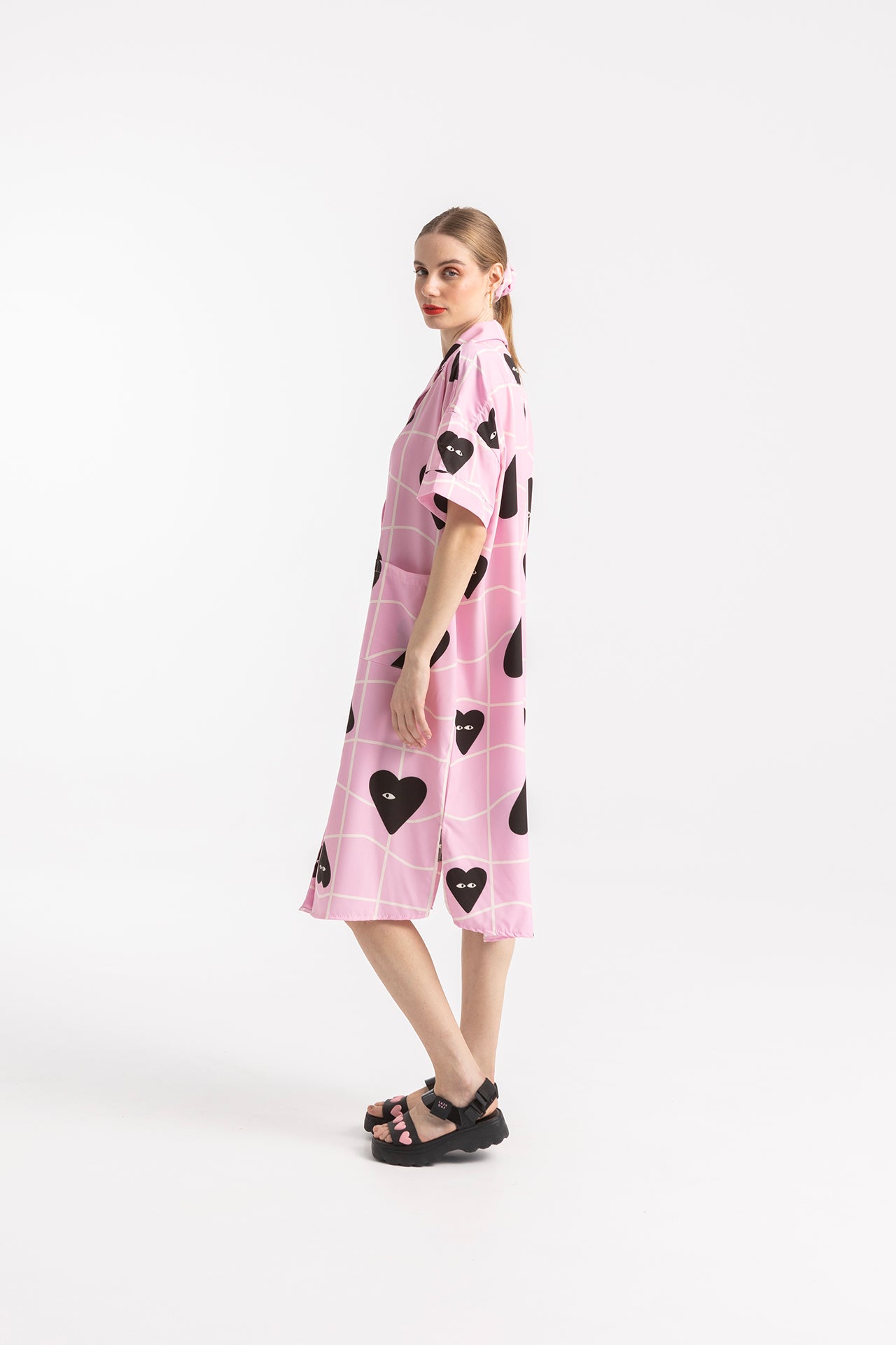 DRESS PRIVATE WITH REVERE COLLAR- GRID HEARTS