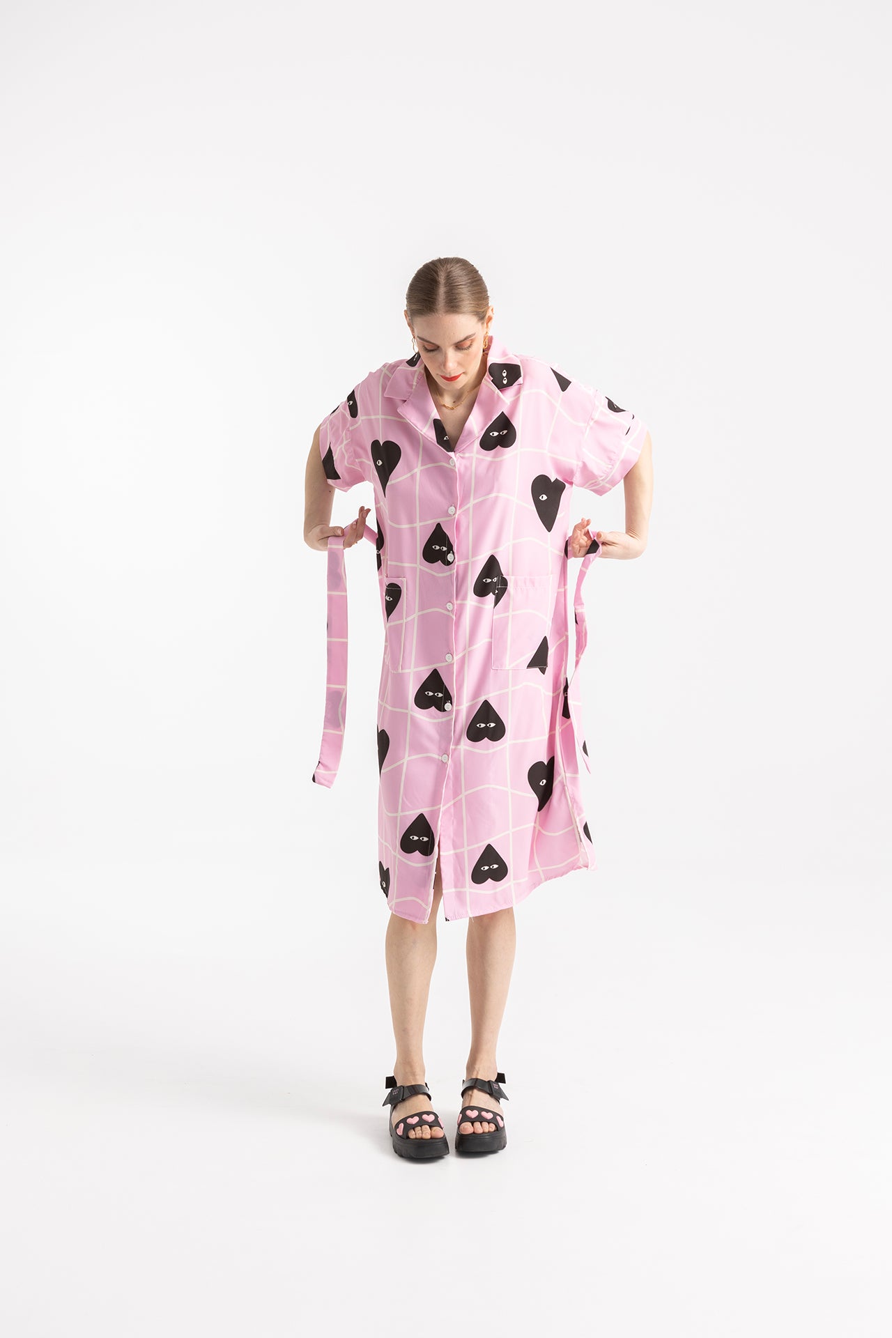 DRESS PRIVATE WITH REVERE COLLAR- GRID HEARTS