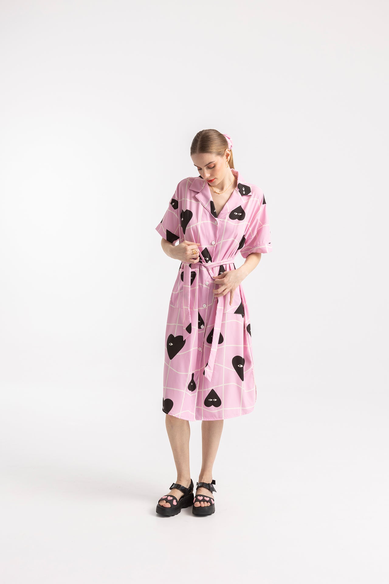 DRESS PRIVATE WITH REVERE COLLAR- GRID HEARTS