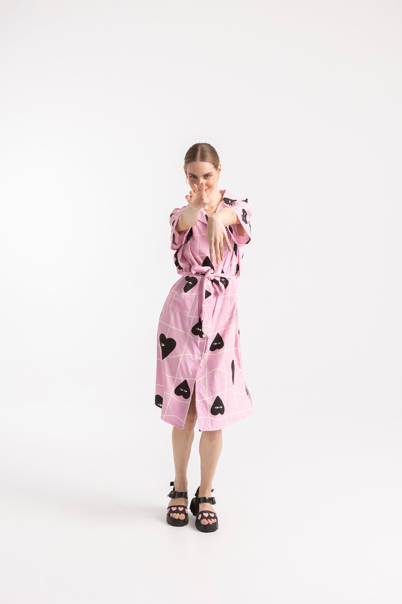 DRESS PRIVATE WITH REVERE COLLAR- GRID HEARTS