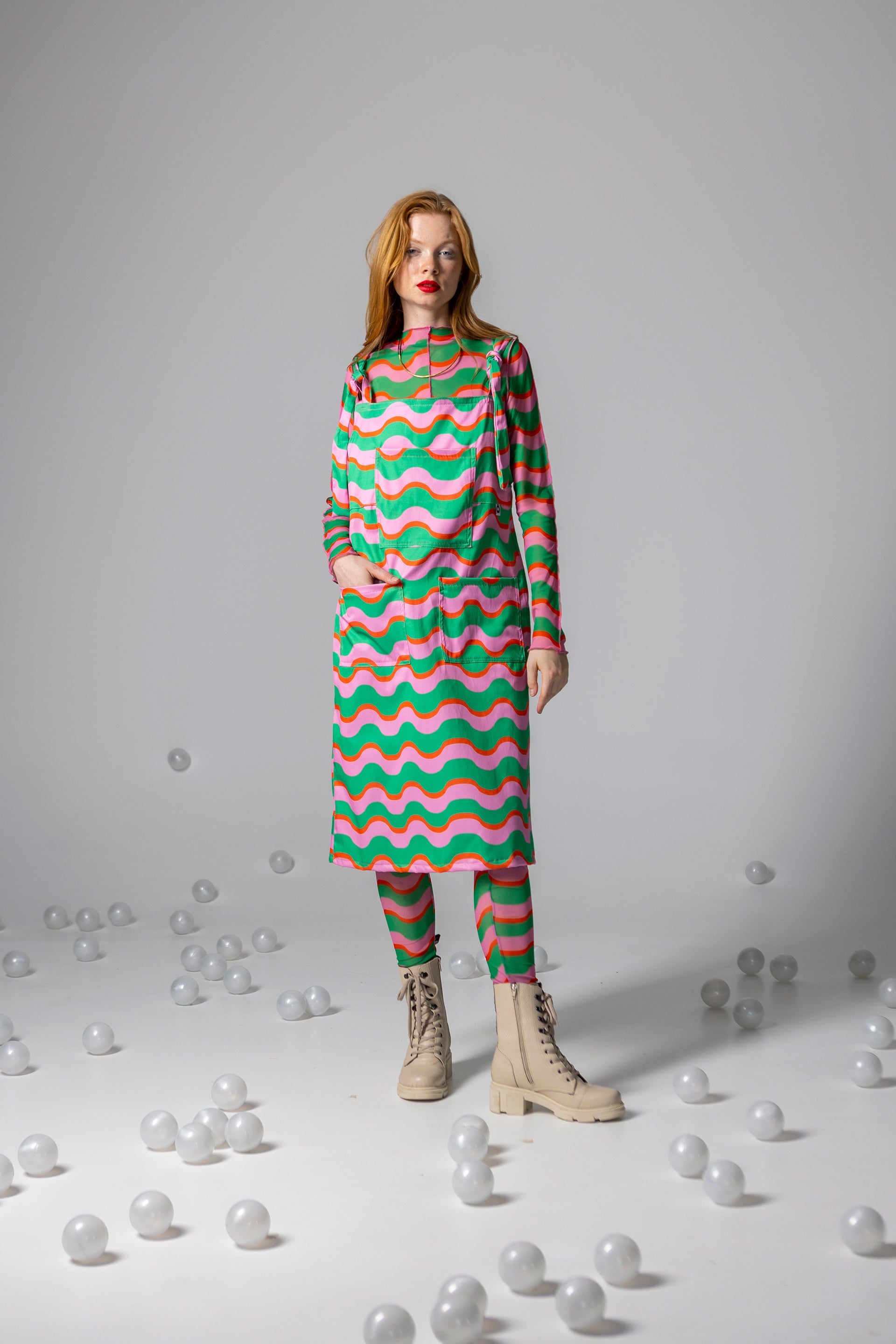 DANGAREES DRESS BOO- HAPPY WAVES GREEN AND PINK