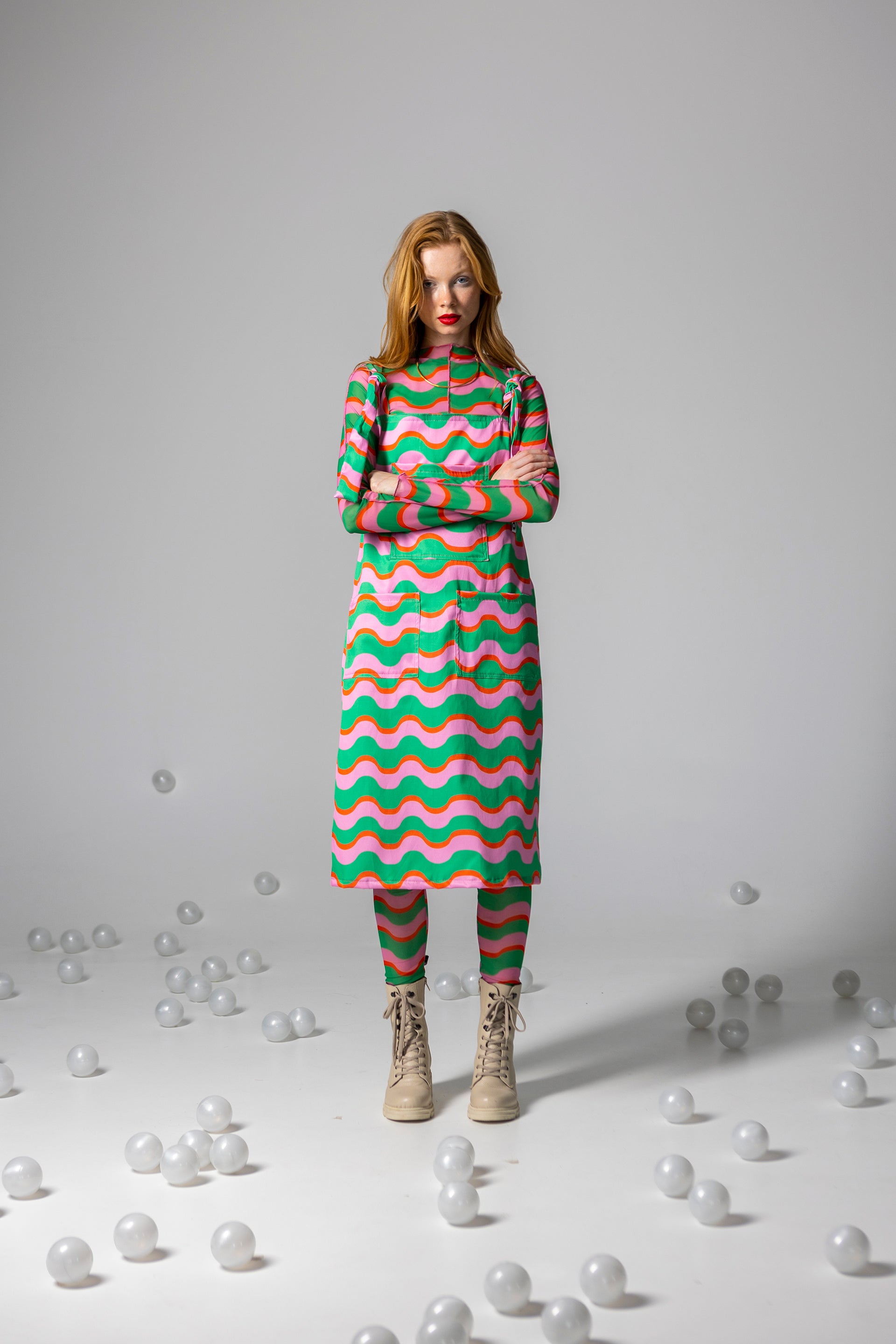 DANGAREES DRESS BOO- HAPPY WAVES GREEN AND PINK