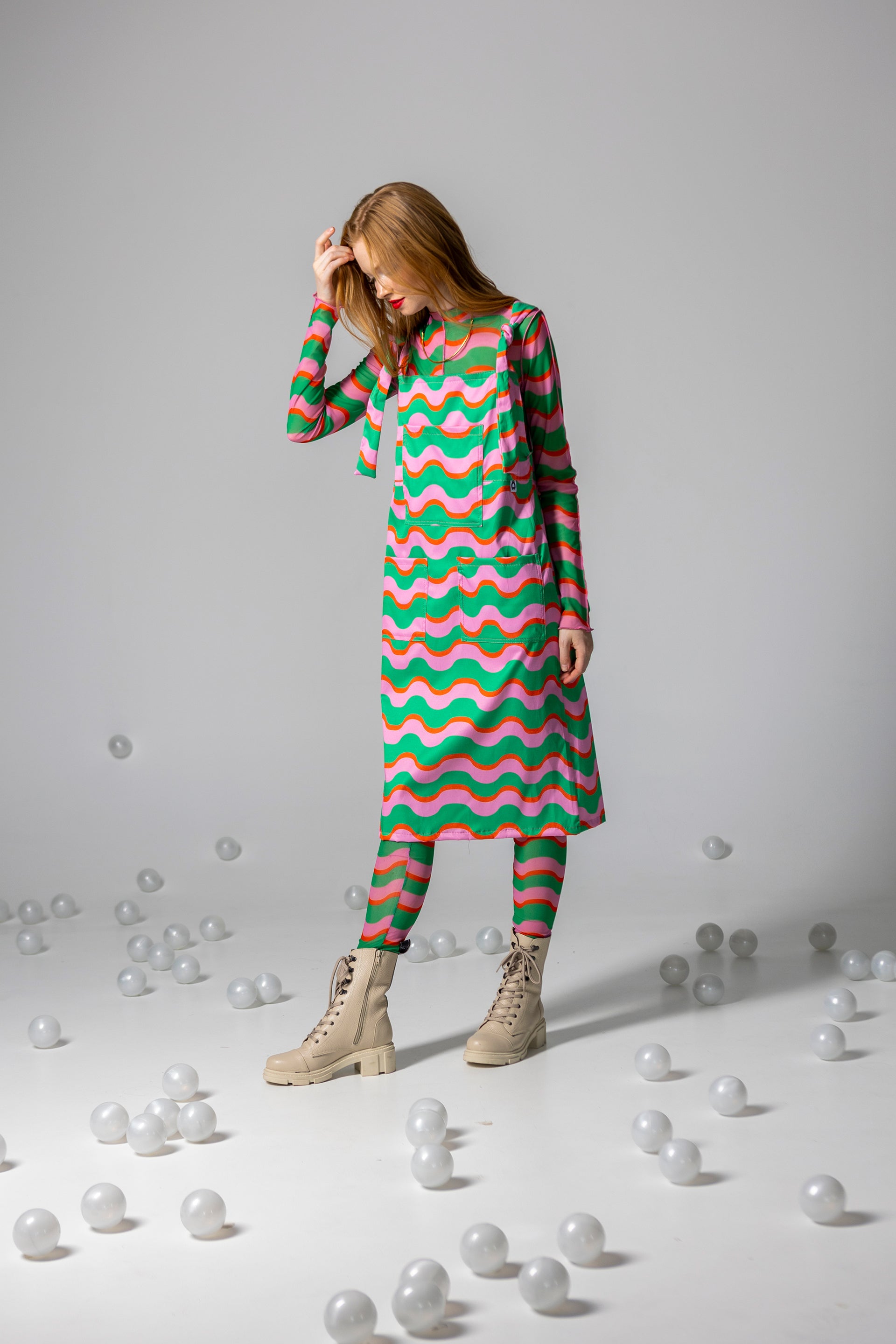 DANGAREES DRESS BOO- HAPPY WAVES GREEN AND PINK