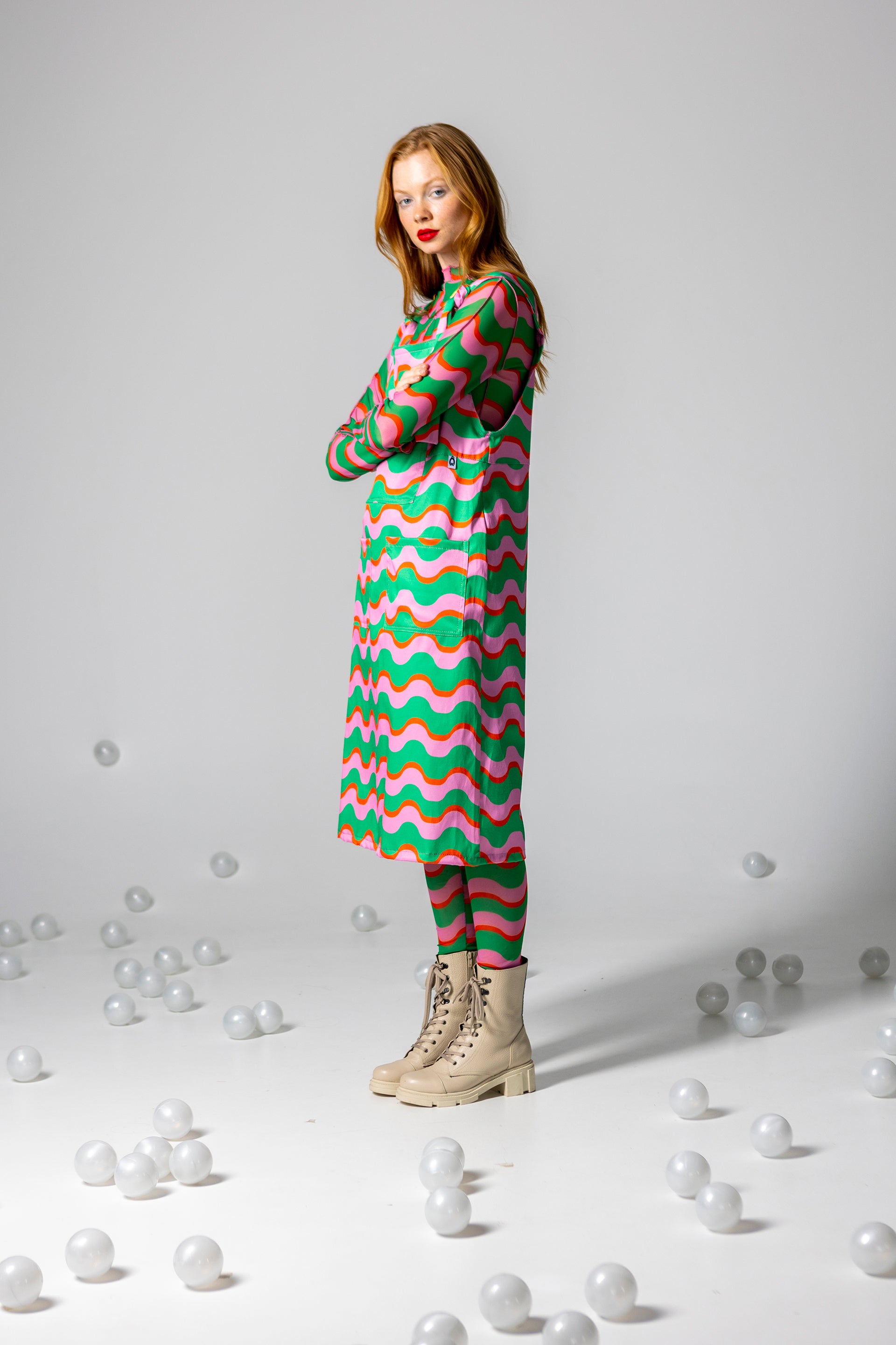 DANGAREES DRESS BOO- HAPPY WAVES GREEN AND PINK