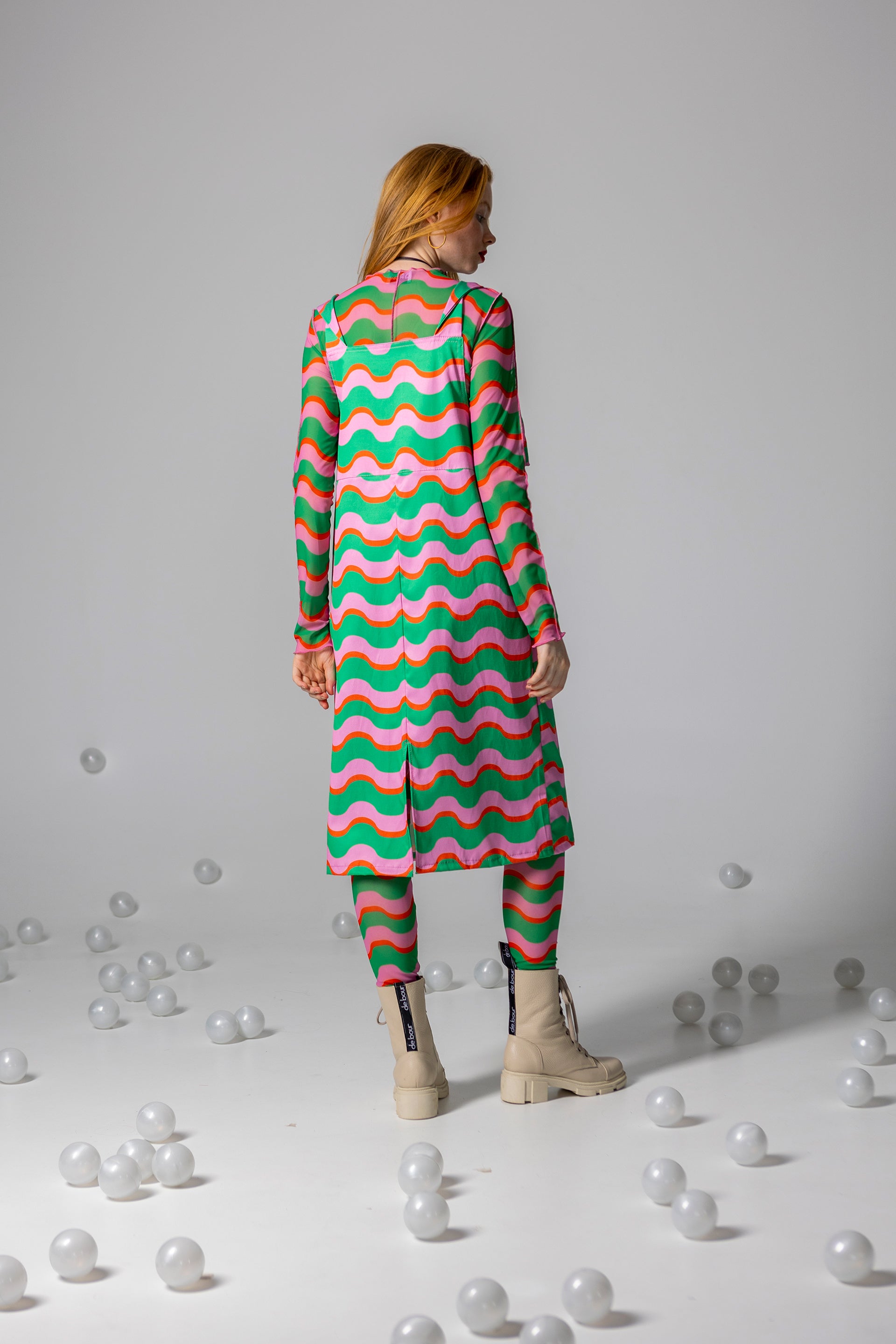 DANGAREES DRESS BOO- HAPPY WAVES GREEN AND PINK