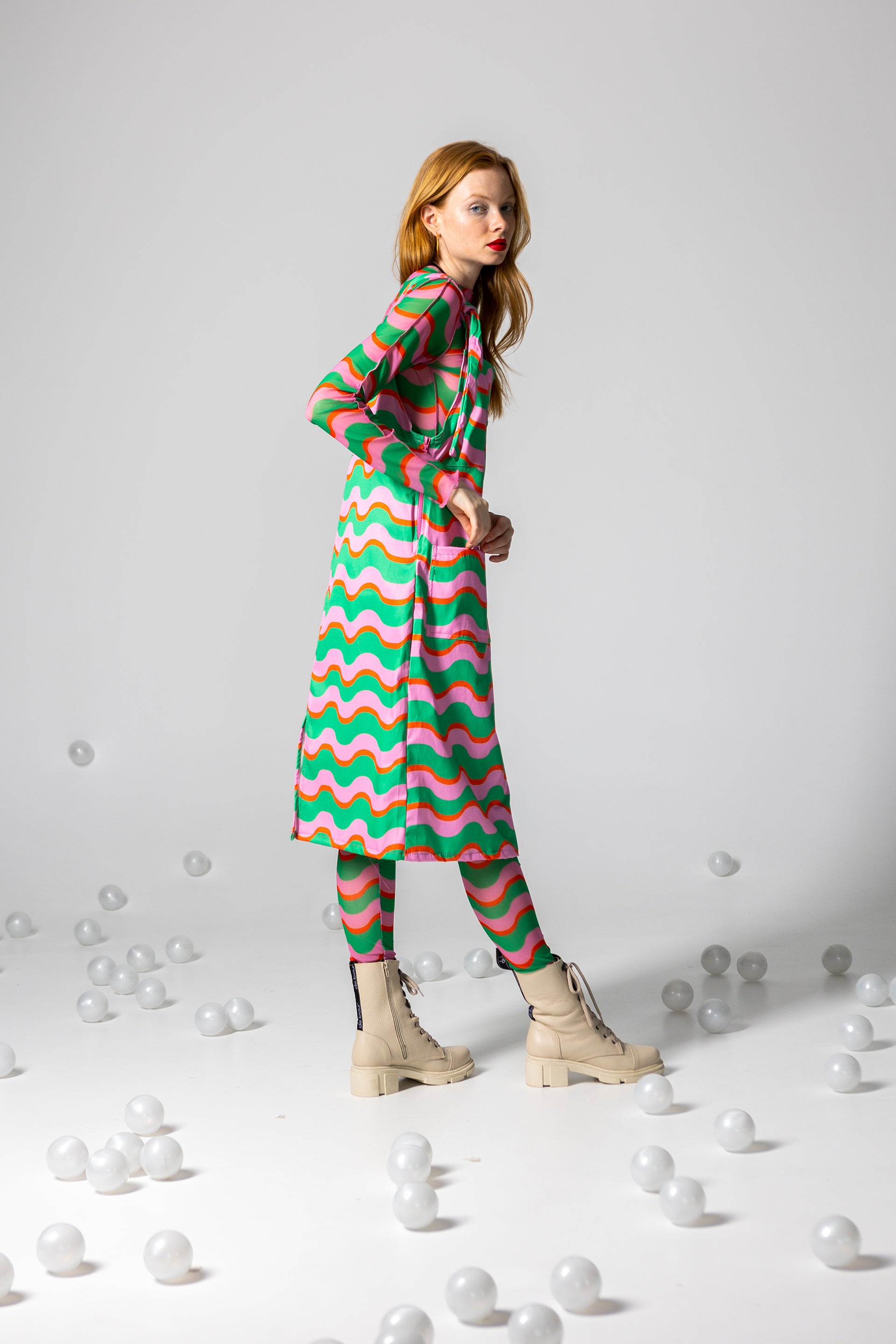 DANGAREES DRESS BOO- HAPPY WAVES GREEN AND PINK