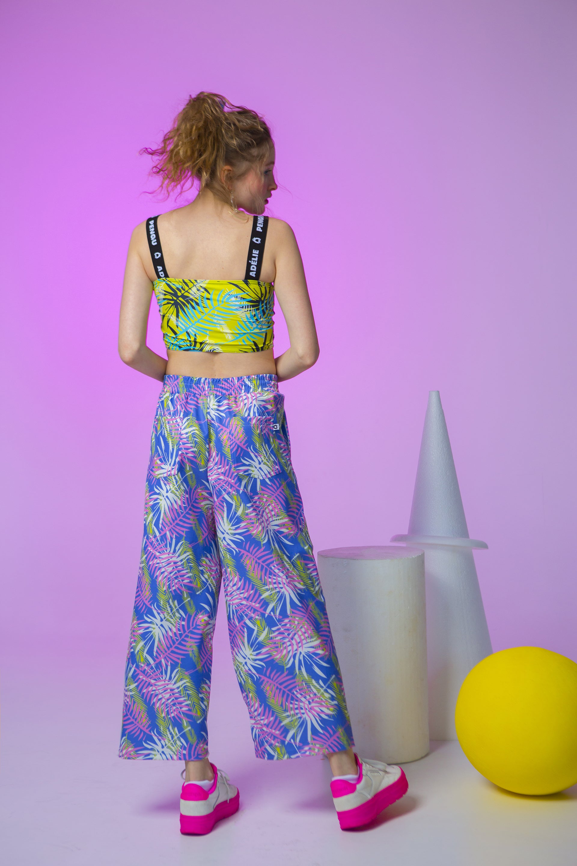 WIDE LEG PANTS TUFFY-PALM TREE LEAVES BLUE