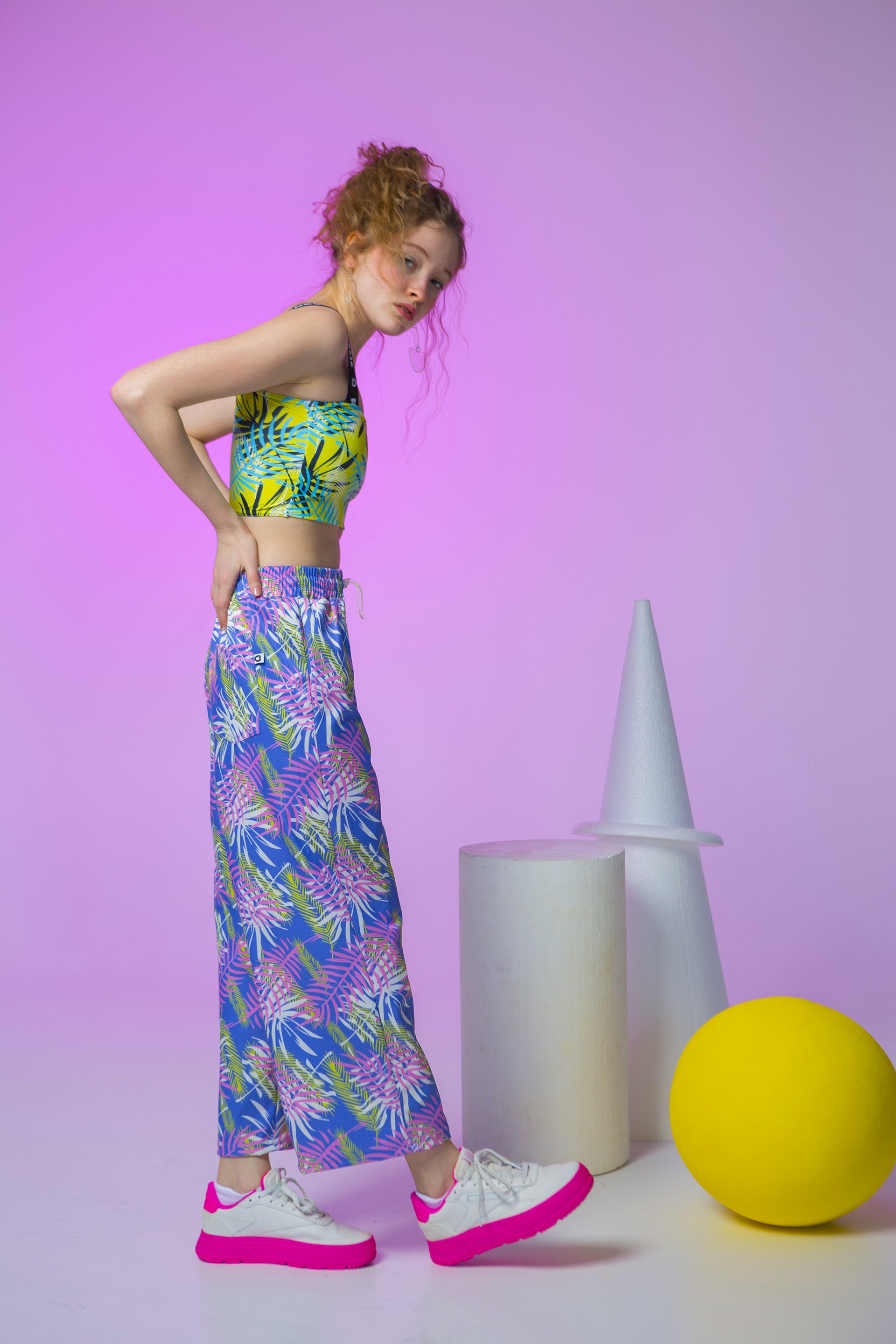 WIDE LEG PANTS TUFFY-PALM TREE LEAVES BLUE