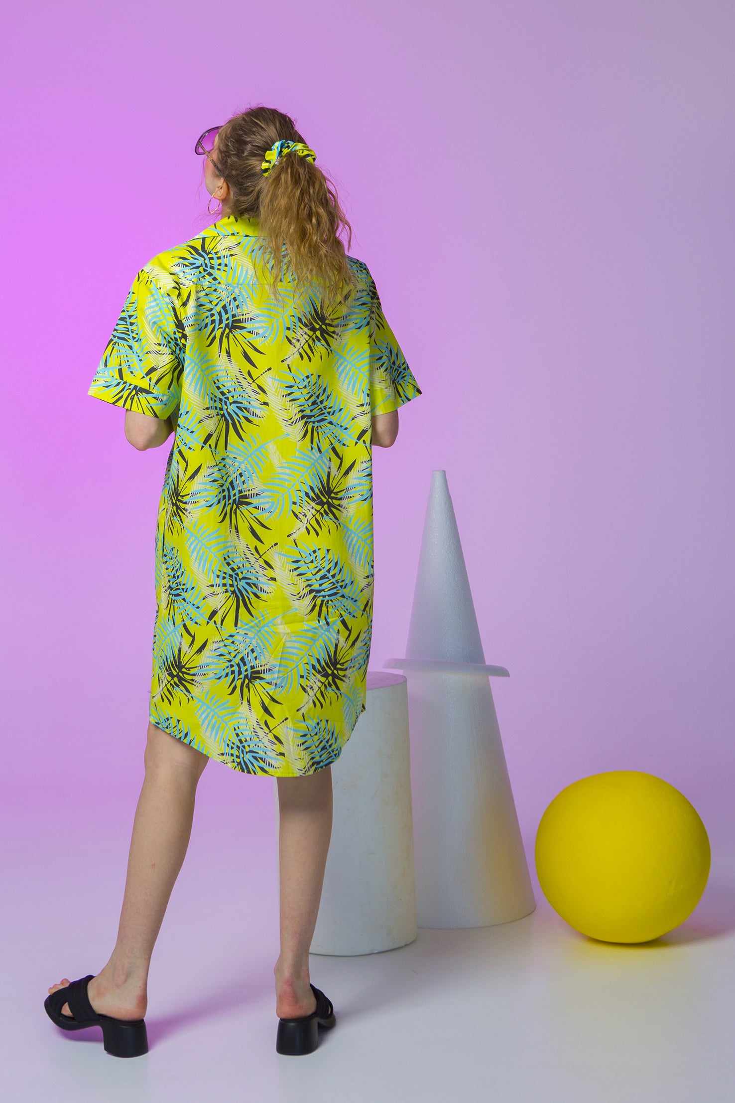 KOWALSKI SHIRT DRESS-PALM TREE LEAVES LIME