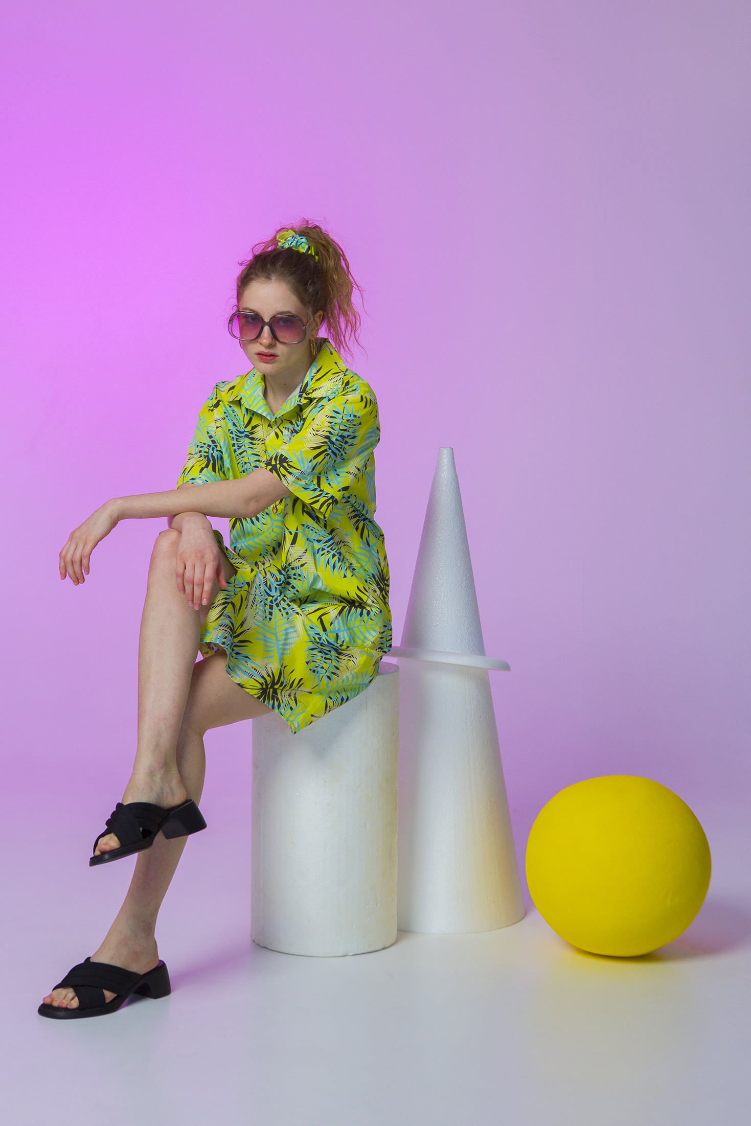 KOWALSKI SHIRT DRESS-PALM TREE LEAVES LIME