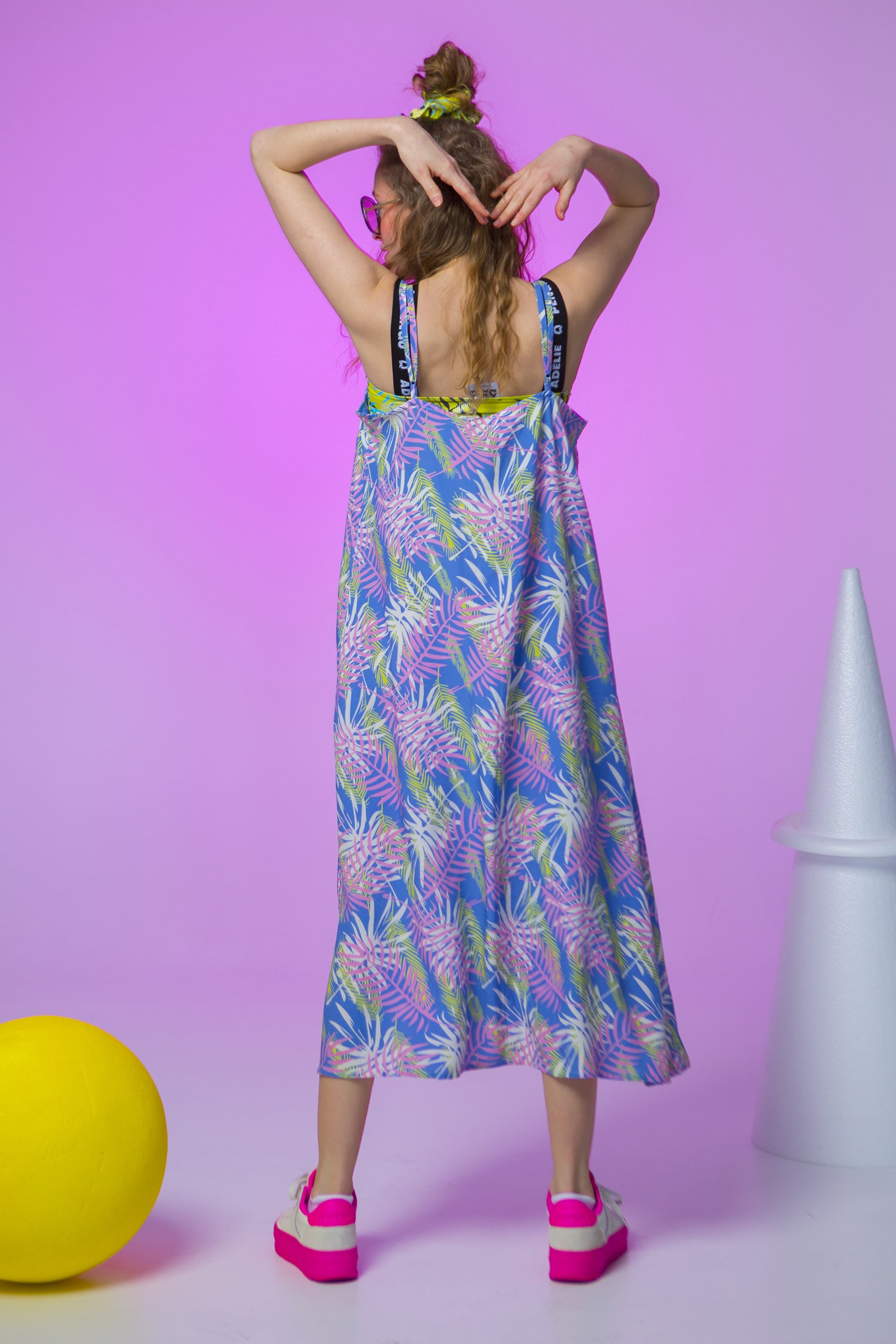 SLIP DRESS MATILDA- PALM TREE LEAVES BLUE
