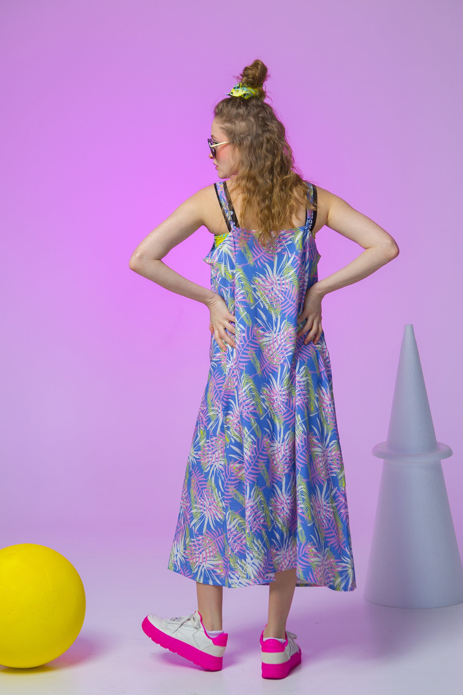 SLIP DRESS MATILDA- PALM TREE LEAVES BLUE