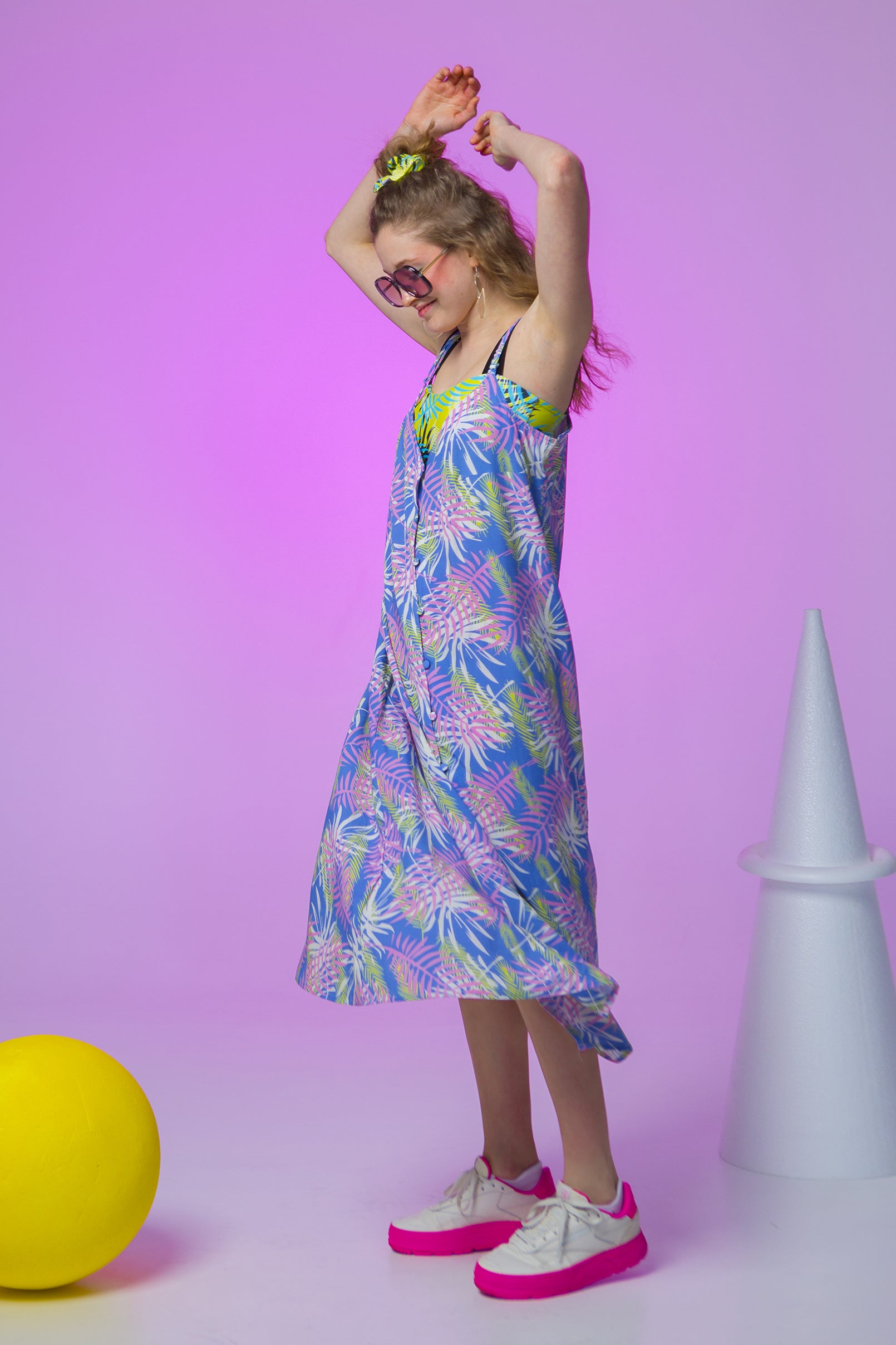 SLIP DRESS MATILDA- PALM TREE LEAVES BLUE
